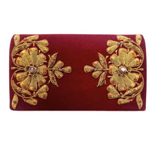 Load image into Gallery viewer, Burgundy red velvet luxury evening clutch bag embroidered with two large flowers in antique gold color and embellished with genuine gemstones, floral wedding clutch, burgundy red zardozi purse. 
