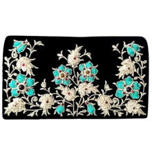 Load image into Gallery viewer, Luxury black velvet evening clutch bag embroidered with three columns of flowers in silver and turquoise color and embellished with genuine gemstones, turquoise blue floral wedding clutch, blue and silver zardozi purse.
