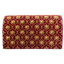 Load image into Gallery viewer, Luxury burgundy red velvet evening clutch bag embroidered in a gold geometric diamond trellis pattern with small gold flowers embellished with genuine carnelian gemstones, wedding clutch, red and gold zardozi purse. 
