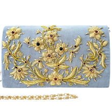 Load image into Gallery viewer, Gray velvet luxury designer evening clutch bag embroidered with gold flowers and embellished with genuine gemstones, floral wedding clutch, gold gray zardozi purse.
