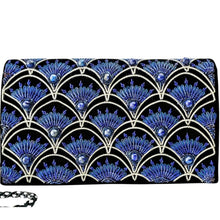 Load image into Gallery viewer, Art Deco inspired luxury black velvet evening clutch bag embroidered with peacock feather pattern or fish scale pattern in silver and blue and embellished with genuine lapis lazuli gemstones, formal clutch, black silver blue zardozi purse. 
