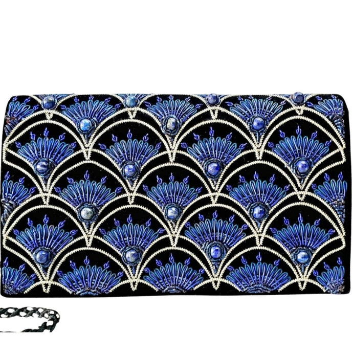 Art Deco inspired luxury black velvet evening clutch bag embroidered with peacock feather pattern or fish scale pattern in silver and blue and embellished with genuine lapis lazuli gemstones, formal clutch, black silver blue zardozi purse. 