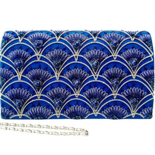 Load image into Gallery viewer, Art Deco inspired luxury blue silk evening clutch bag embroidered with silver peacock feather pattern or fish scale pattern and embellished with genuine lapis lazuli gemstones, formal clutch, blue silver zardozi purse. 
