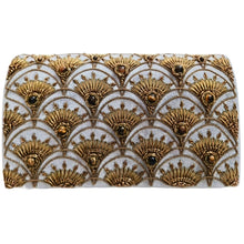 Load image into Gallery viewer, Art Deco inspired luxury gray velvet evening clutch bag embroidered with peacock feather pattern or fish scale pattern in antique gold color and embellished with genuine tiger eye gemstones, formal clutch, gray gold zardozi purse. 
