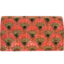 Load image into Gallery viewer, Art Deco inspired luxury coral velvet evening clutch bag embroidered with peacock feather pattern or fish scale pattern in antique gold color and embellished with genuine jade gemstones, formal clutch, orange gold zardozi purse. 
