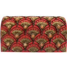 Load image into Gallery viewer, Art Deco inspired luxury red orange silk evening clutch bag embroidered with peacock feather pattern or fish scale pattern in antique gold color and embellished with genuine carnelian gemstones, formal clutch, red orange gold zardozi purse. 
