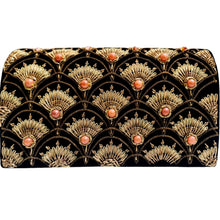 Load image into Gallery viewer, Art Deco inspired luxury black velvet evening clutch bag embroidered with peacock feather pattern or fish scale pattern in antique gold color and embellished with carnelian gemstones, formal clutch, black and gold zardozi purse. 
