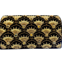 Load image into Gallery viewer, Art Deco inspired luxury black velvet evening clutch bag embroidered with peacock feather pattern or fish scale pattern in antique gold color and embellished with tiger eye gemstones, formal clutch, black gold zardozi purse. 
