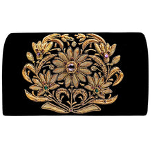 Load image into Gallery viewer, Luxury black velvet evening clutch bag embroidered with large central floral wreath in antique gold color and embellished with genuine gemstones, floral wedding clutch, black and gold zardozi purse. 
