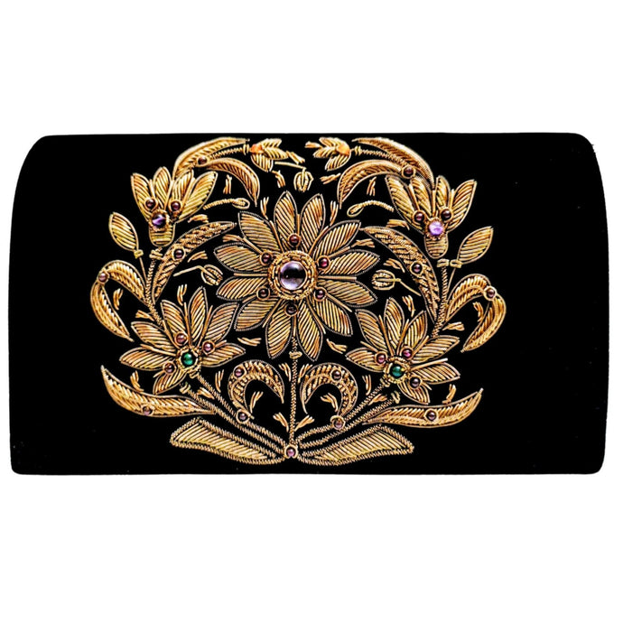 Luxury black velvet evening clutch bag embroidered with large central floral wreath in antique gold color and embellished with genuine gemstones, floral wedding clutch, black and gold zardozi purse. 