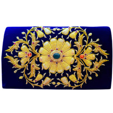 Load image into Gallery viewer, Luxury blue velvet evening clutch bag embroidered with large central yellow gold flower and traditional flecks and embellished with genuine gemstones, floral wedding clutch, gold blue zardozi purse.
