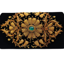 Load image into Gallery viewer, Luxury black velvet evening clutch bag embroidered with large central flower in antique gold and traditional flecks and embellished with genuine gemstones, floral wedding clutch, gold and black zardozi purse.
