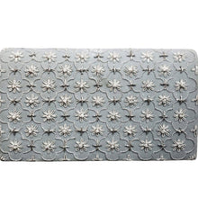 Load image into Gallery viewer, Luxury gray velvet evening clutch bag embroidered with silver quatrefoil cloverleaf pattern and flowers and embellished with genuine moonstones, floral wedding clutch, silver gray zardozi purse.
