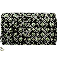 Load image into Gallery viewer, Luxury black velvet evening clutch bag embroidered with silver geometric circle pattern with small green flowers and embellished with genuine malachite gemstones, formal clutch, silver and green and black zardozi purse.
