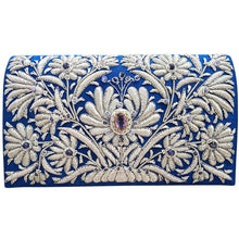 Load image into Gallery viewer, Luxury wedding clutch bag in blue silk embroidered with silver all over floral pattern and embellished with central facet cut amethyst gemstone and aqua chalcedony gemstones, bridal purse, mother of the bride purse, blue silver zardozi purse.
