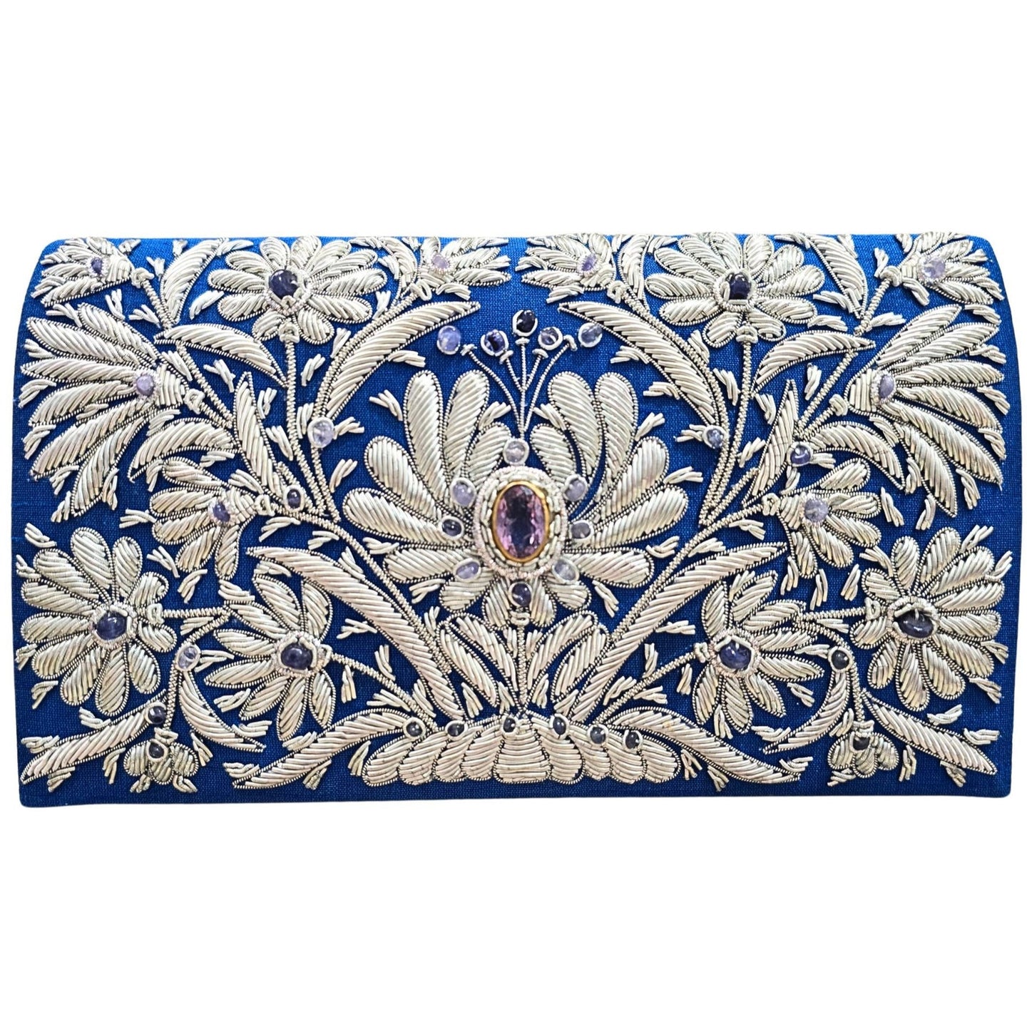 Luxury wedding clutch bag in blue silk embroidered with silver all over floral pattern and embellished with central facet cut amethyst gemstone and aqua chalcedony gemstones, bridal purse, mother of the bride purse, blue silver zardozi purse.