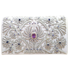 Load image into Gallery viewer, Luxury wedding clutch bag in white  silk embroidered with silver all over floral pattern and embellished with central cut amethyst gemstone and aqua chalcedony gemstones, bridal purse, mother of the bride purse, blue and silver zardozi purse.
