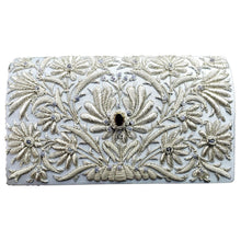 Load image into Gallery viewer, Luxury wedding clutch bag in pale blue silk embroidered with silver all over floral pattern and embellished with central facet cut amethyst gemstone and aqua chalcedony gemstones, bridal purse, mother of the bride purse, blue and silver zardozi purse.
