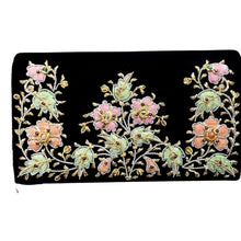 Load image into Gallery viewer, Luxury black velvet evening clutch bag embroidered with three columns of flowers in pink, orange, green and embellished with genuine gemstones, multicolor floral wedding clutch, pastel color zardozi purse.
