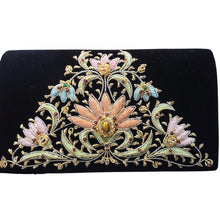 Load image into Gallery viewer, Black velvet luxury evening clutch bag embroidered with pink, orange blue pastel flowers in a central triangular pattern and inlaid with genuine semi precious gemstones, floral wedding clutch, black and pastel zardozi purse. 
