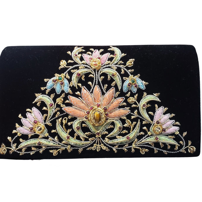 Black velvet luxury evening clutch bag embroidered with pink, orange blue pastel flowers in a central triangular pattern and inlaid with genuine semi precious gemstones, floral wedding clutch, black and pastel zardozi purse. 