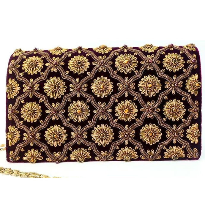 Luxury black velvet evening clutch bag embroidered with antique gold cloverleaf pattern and flowers and embellished with tiger eye and garnet gemstones, formal purse, black and gold zardozi purse.