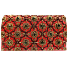 Load image into Gallery viewer, Luxury orange red silk evening clutch bag embroidered with antique gold cloverleaf pattern and flowers and embellished with jade and garnet gemstones, formal purse, black red orange zardozi purse.
