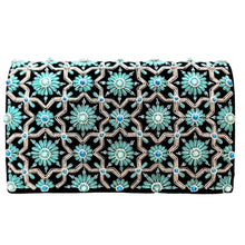 Load image into Gallery viewer, Luxury black velvet evening clutch bag embroidered with geometric pattern of silver eight sided star and turquoise blue flowers and embellished with moonstone and turquoise gemstones, formal purse, black, turquoise, silver zardozi purse.
