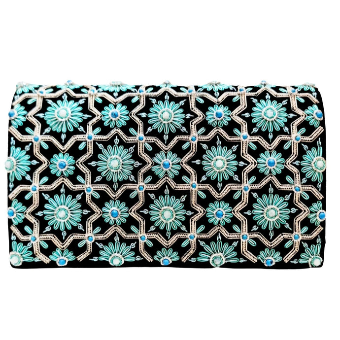 Luxury black velvet evening clutch bag embroidered with geometric pattern of silver eight sided star and turquoise blue flowers and embellished with moonstone and turquoise gemstones, formal purse, black, turquoise, silver zardozi purse.