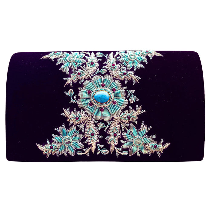 Luxury black velvet evening clutch bag embroidered with turquoise colored central flower and radiating silver leaves and embellished with genuine turquoise gemstone, floral wedding clutch, black and silver and blue zardozi purse. 