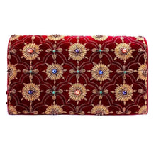 Load image into Gallery viewer, Luxury burgundy red velvet evening clutch bag embroidered with antique gold arabesque arches and flowers and embellished with genuine gemstones, formal clutch, red and gold zardozi purse. 
