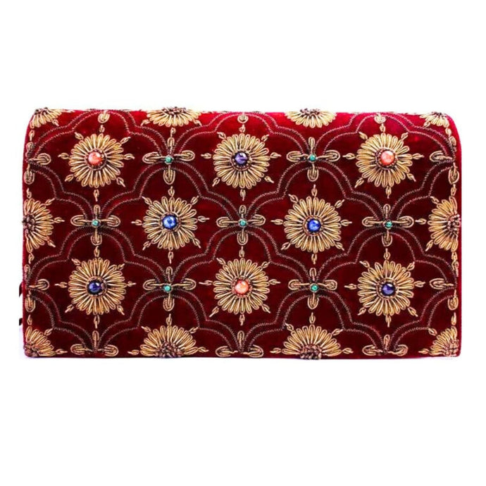 Luxury burgundy red velvet evening clutch bag embroidered with antique gold arabesque arches and flowers and embellished with genuine gemstones, formal clutch, red and gold zardozi purse. 