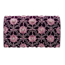 Load image into Gallery viewer, Luxury burgundy red velvet evening clutch bag embroidered with silver arabesque arches and pink flowers and embellished with moonstones and garnets, formal clutch, red silver pink zardozi purse. 
