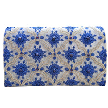 Load image into Gallery viewer, Luxury gray velvet evening clutch bag embroidered with silver arabesque arches and navy blue flowers and embellished with genuine lapis lazuli and garnet gemstones, formal clutch, gray and silver and blue zardozi purse.
