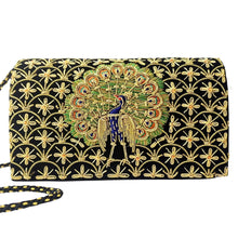 Load image into Gallery viewer, Vintage inspired peacock clutch bag with embroidered peacock on silver lattice background with genuine gemstones, zardozi purse.
