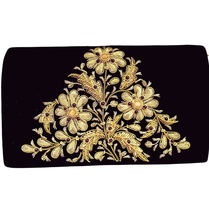 Luxury black velvet evening clutch bag embroidered with a bouquet of three flowers in yellow gold and embellished with genuine carnelian and garnet gemstones, floral wedding clutch, black and gold zardozi purse.