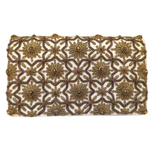 Load image into Gallery viewer, Luxury beige gold silk evening clutch bag embroidered with geometric pattern of antique gold eight sided star and flowers and embellished with tiger eye and garnet gemstones, formal purse, beige gold zardozi purse.
