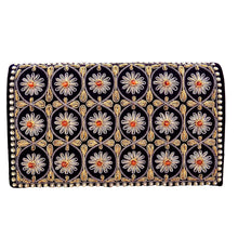 Load image into Gallery viewer, Luxury black velvet evening clutch bag embroidered with gold work and embellished with carnelian gemstones, zardozi purse with faux pearls. 
