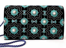 Load image into Gallery viewer, Luxury black velvet evening clutch bag embroidered with geometric pattern of eight sided stars in silver color and teal blue flowers and embellished with genuine moonstone and turquoise gemstones, formal clutch, silver and black and teal blue zardozi purse.
