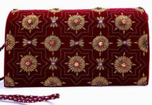 Load image into Gallery viewer, Luxury burgundy red velvet evening clutch bag embroidered with geometric pattern of eight sided stars and flowers in antique gold color and embellished with genuine carnelian gemstones, formal clutch, gold and red zardozi purse.
