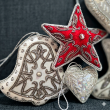 Load image into Gallery viewer, Silver and Burgundy Handmade Holiday Ornaments Set of 5
