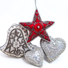 Load image into Gallery viewer, Silver and Burgundy Handmade Holiday Ornaments Set of 5
