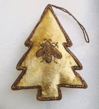 Load image into Gallery viewer, Decorative gold velvet Christmas tree ornament with embroidered bee
