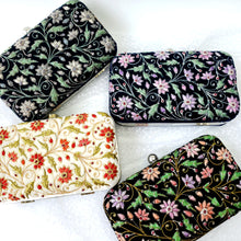 Load image into Gallery viewer, Set of four hard case clutch bags embroidered in an all over floral pattern and embellished with semi precious gemstones.
