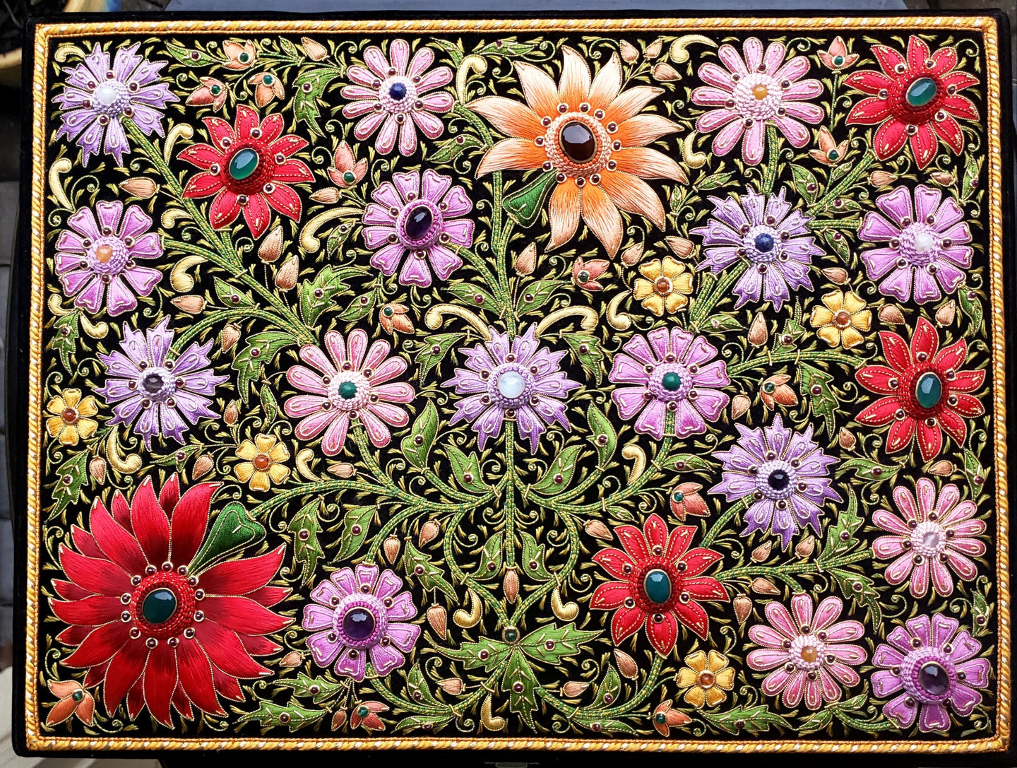 Large Embroidered Floral Keepsake Box with Semi Precious Gemstones