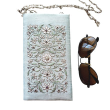 Load image into Gallery viewer, Aqua blue soft sunglasses case with chain embroidered with white flowers, zardozi.
