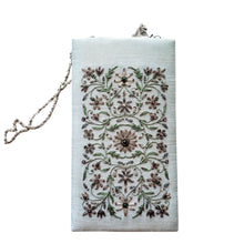Load image into Gallery viewer, Baby blue and gray floral hand embroidered slim crossbody bag with chain, zardozi purse. 
