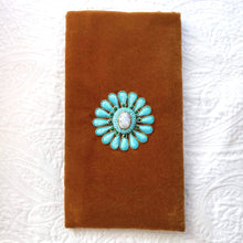 Load image into Gallery viewer, Beige brown velvet eyeglasses sunglasses case embroidered with turquoise blue squash blossom flower BoutiqueByMariam.
