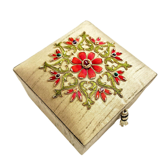 Beige gold embroidered floral square jewelry storage box BoutiqueByMariam.
