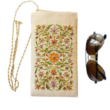 Load image into Gallery viewer, Beige gold slim crossbody bag eyeglasses case hand embroidered with orange multicolor flowers. 
